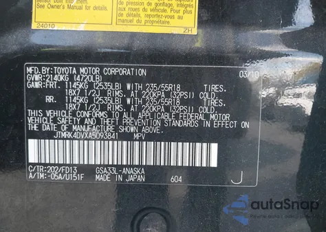 2010 Toyota Rav4 Sport V6 from USA, damaged, VIN JTMRK4DVXA5093841